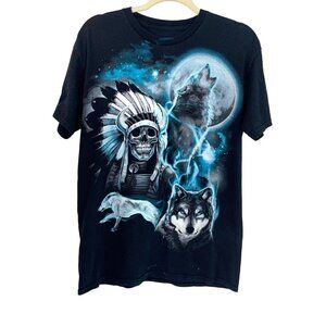 Mens Skull Wolf T-Shirt Black Blue Size Small Short Sleeve Crewneck Graphic